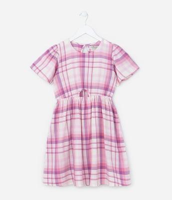 Vestido Infantil com Recorte Vazado e Estampa Xadrez - Tam 5 a 14 Anos