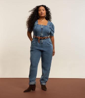 Macacão Longo em Jeans com Manga Bufante Curve & Plus Size