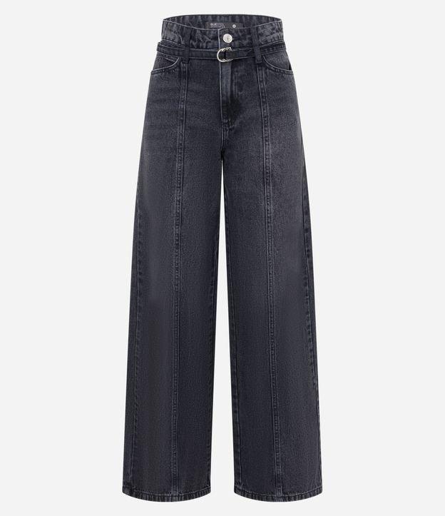 Calça Wide Leg em Jeans com Recorte e Cinto com Fivela - 1