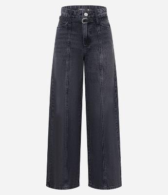 Calça Wide Leg em Jeans com Recorte e Cinto com Fivela