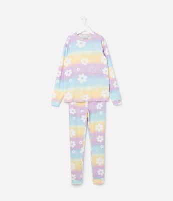 Pijama Infantil Tricosado com Estampa de Florzinhas - Tam 5 a 14 Anos