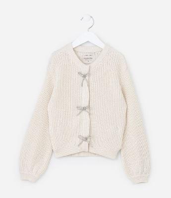 Cardigan Infantil em Tricô com Lacinhos Brilhantes - Tam 5 a 14 Anos
