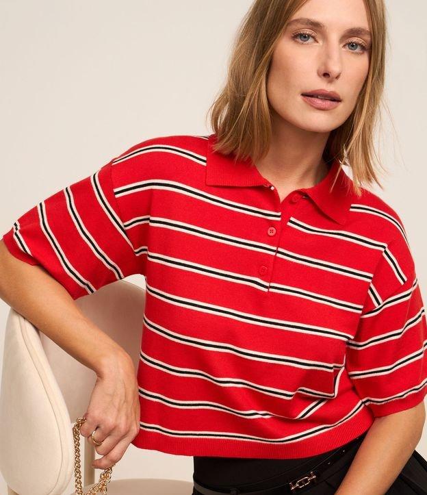 Blusa Pólo em Tricô com Abotoamento e Estampa Listrada - 2