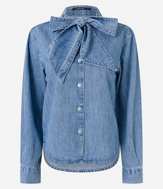 Camisa Jeans com Laço na Gola e Botões Frontais - 1