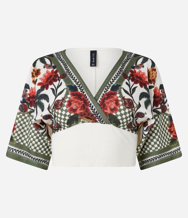 Blusa Cropped Texturizada com Estampa Xadrez e Floral - 1