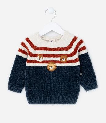 Suéter Infantil em Chenille com Bordado Bichinhos - Tam 0 a 18 meses