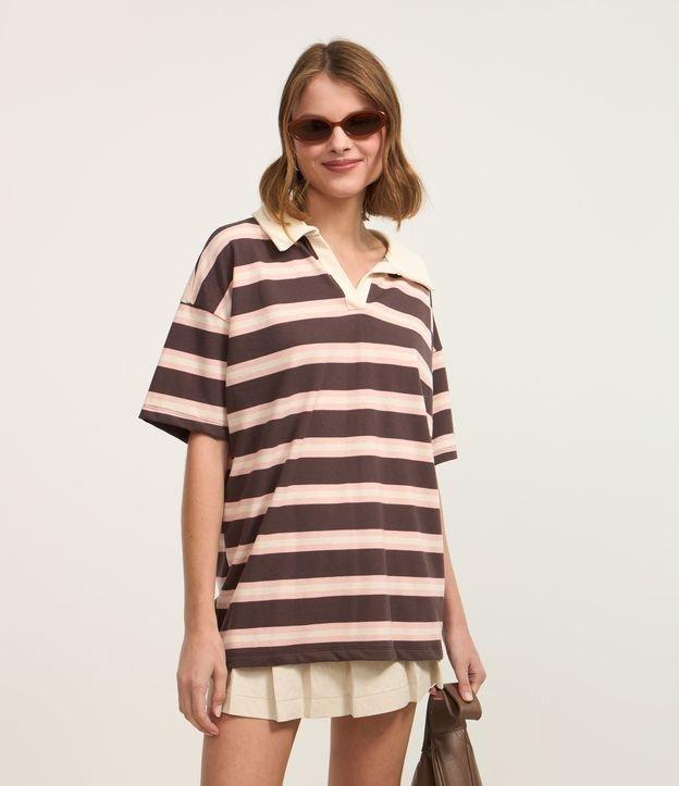 Camiseta Oversized Boxy em Algodão com Gola Polo e Listras - 1