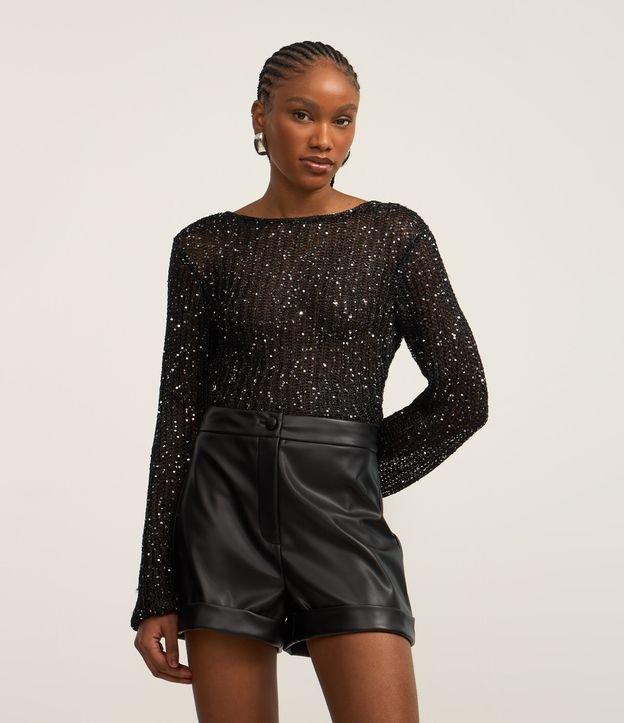 Blusa Cropped em Tricô com Paetês e Costas Abertas - 1