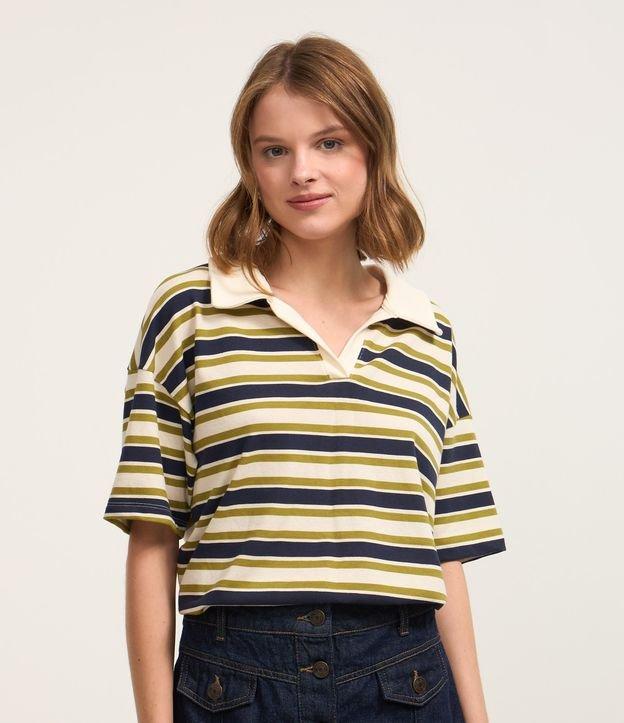 Camiseta Oversized Boxy em Algodão com Gola Polo e Listras - 1