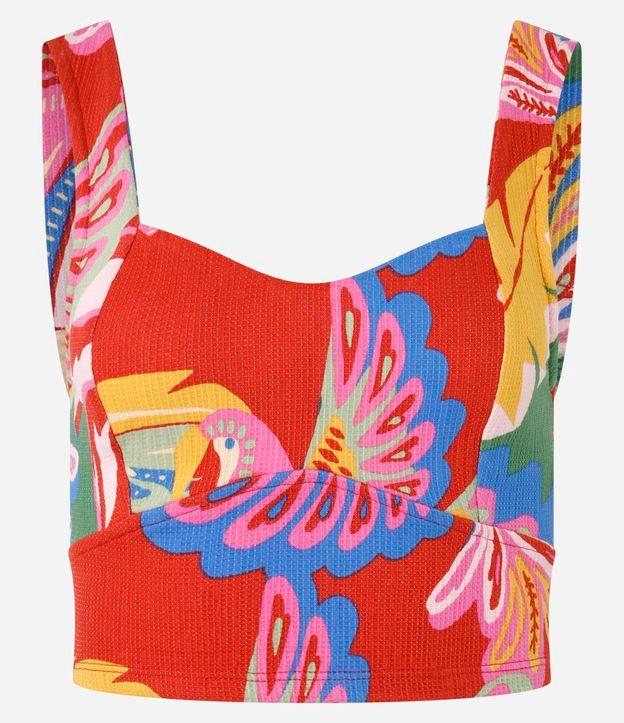 Blusa Cropped com Decote Coração e Estampa Tropical Texturizada - 1