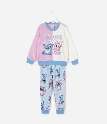 Pijama Infantil em Fleece com Bordado da Angel e Stitch - Tam 5 a 14 Anos