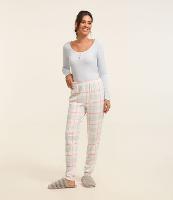 Pijama Longo em Ribana com Botões e Calça Xadrez - 1