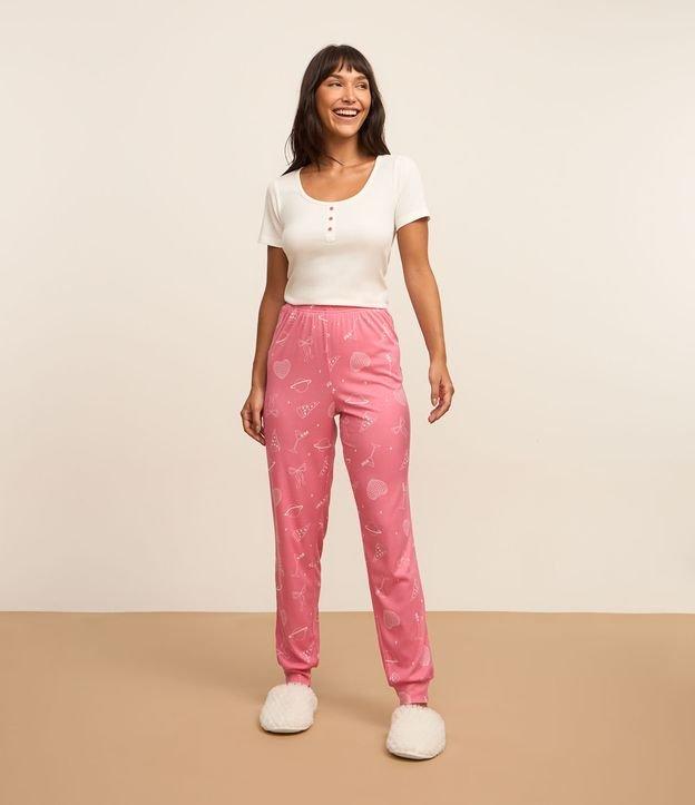Pijama Longo em Ribana com Botões e Calça Estampada Girly - 1