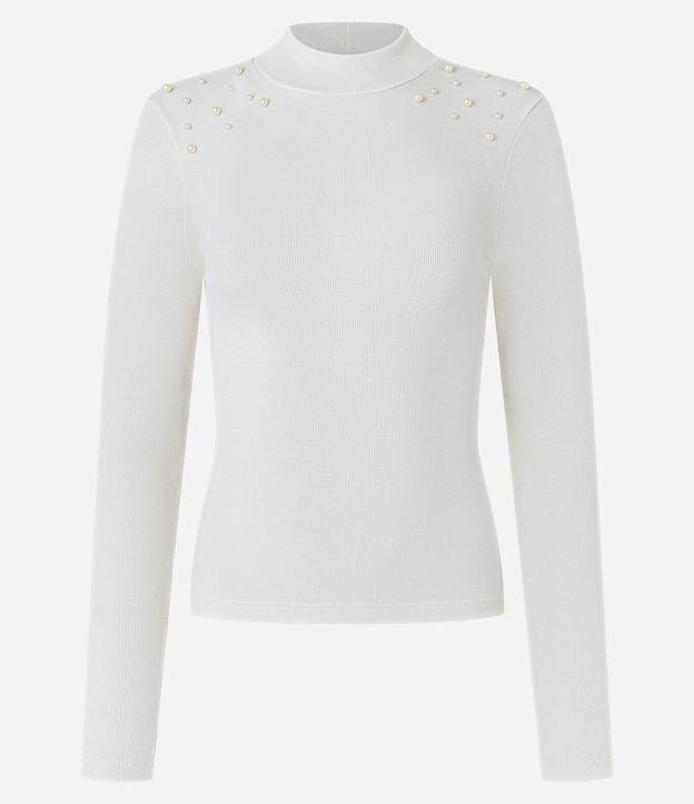 Blusa em Ribana com Golinha Alta e Pérolas nos Ombros - 1