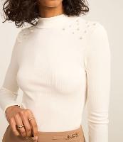 Blusa em Ribana com Golinha Alta e Pérolas nos Ombros - 2