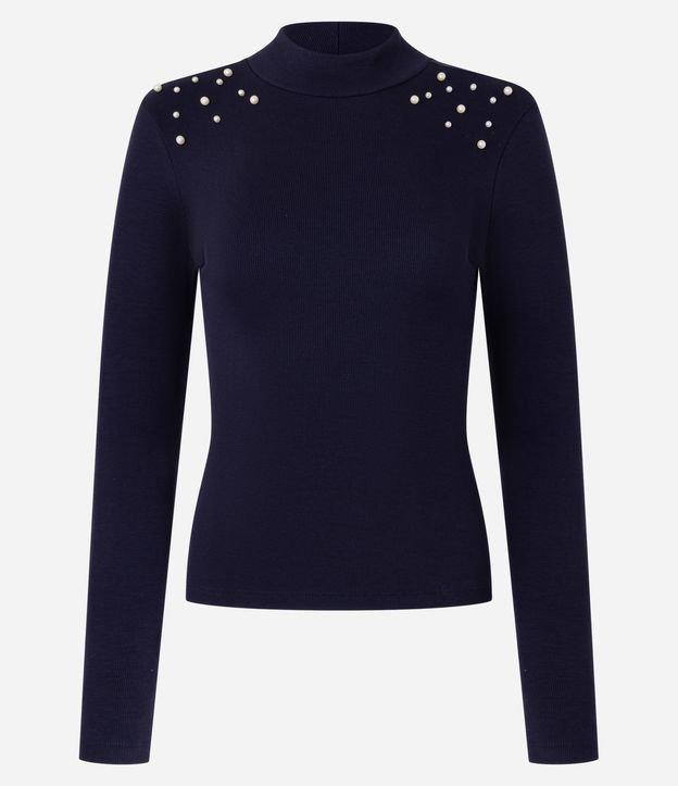 Blusa em Ribana com Golinha Alta e Pérolas nos Ombros - 1