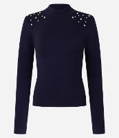 Blusa em Ribana com Golinha Alta e Pérolas nos Ombros - 1