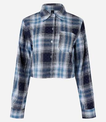 Camisa Curta em Flanela Xadrez com Brilhos Aplicados