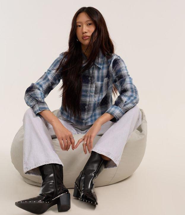 Camisa Curta em Flanela Xadrez com Brilhos Aplicados - 3