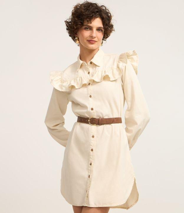Vestido Curto em Jeans com Babado nos Ombros e Botões - 1