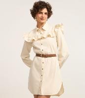 Vestido Curto em Jeans com Babado nos Ombros e Botões - 1