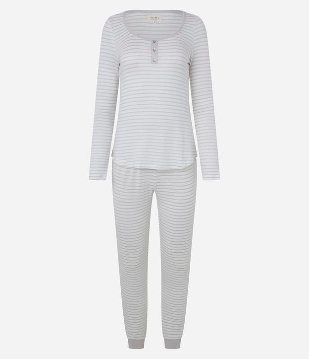 Pijama Longo em Tricô com Botões e Estampa Listrada - 1