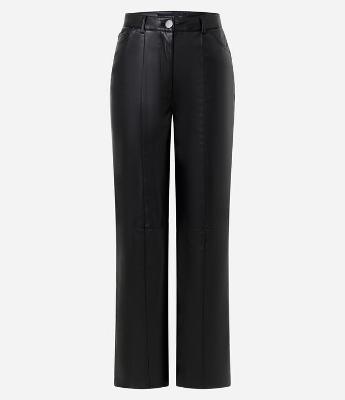 Calça Reta em PU com Fenda e Bolsos