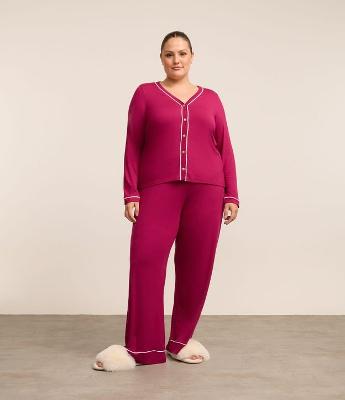 Pijama Longo Viscolycra Detalhes de Listras Curve & Plus Size