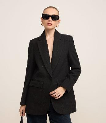 Blazer Oversized em Polivelour com Lapelas e Brilhos