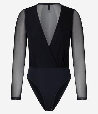 Body em Tule com Decote Transpassado e Transparência nas Mangas