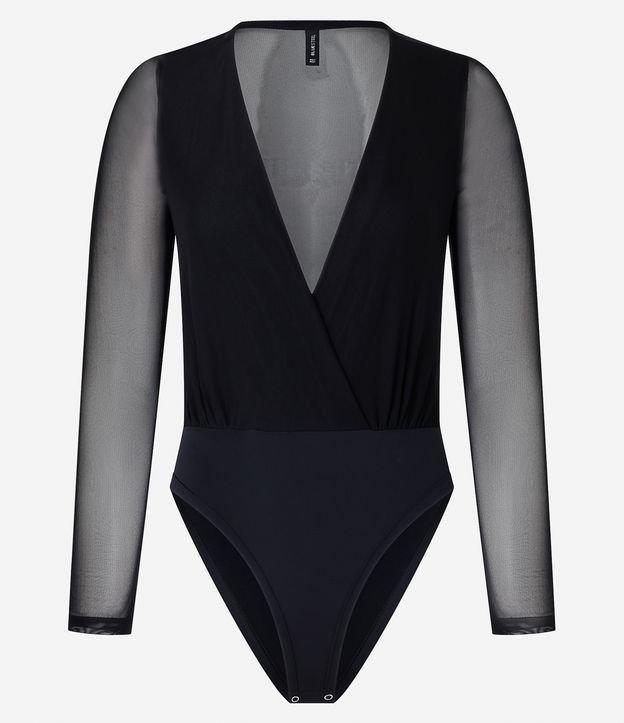 Body em Tule com Decote Transpassado e Transparência nas Mangas - 1