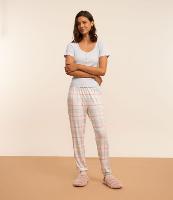 Pijama Longo em Ribana com Botões e Calça Xadrez - 1