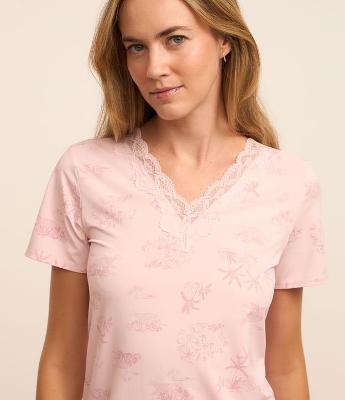 Camisola Curta em Poliamida com Detalhe Rendado e Estampa Coqueiros