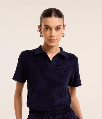 Blusa em Algodão Canelada com Gola Polo