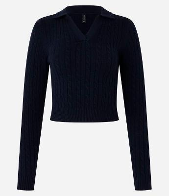 Blusa em Tricô com Textura Trançada e com Gola Polo