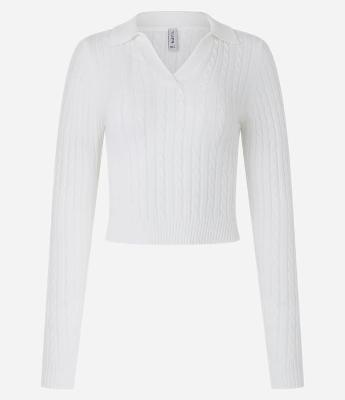 Blusa em Tricô com Textura Trançada e com Gola Polo