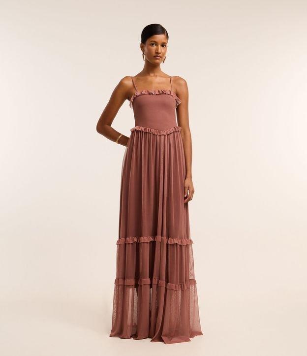 Vestido Longo em Tule com Babadinhos no Decote e Saia - 1