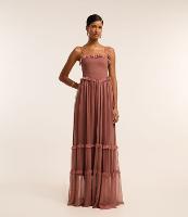 Vestido Longo em Tule com Babadinhos no Decote e Saia - 1