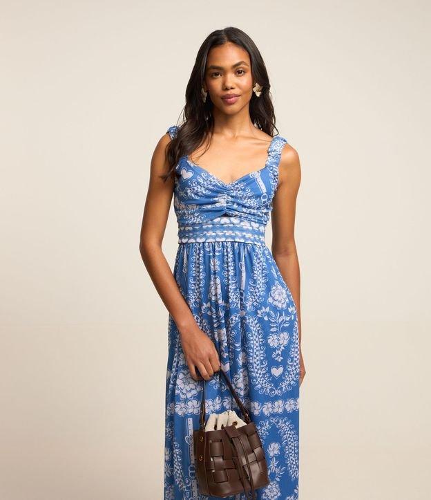 Vestido Midi em Tule com Decote Coração e Estampa Étnica - 1