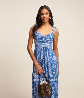 Vestido Midi em Tule com Decote Coração e Estampa Étnica