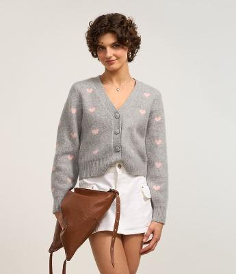 Cardigan Curto em Tricô com Fio Metalizado e Corações