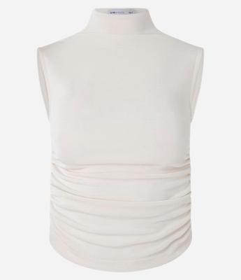 Blusa Cropped Franzida em Ribana com Gola Alta e Costas Abertas