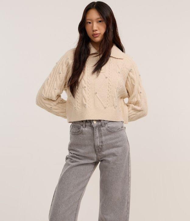 Suéter Curto em Tricô com Bordado de Pedrinhas - 2