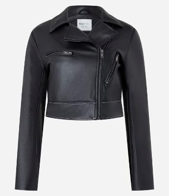 Jaqueta Biker Cropped em PU com Zíper e Pespontos
