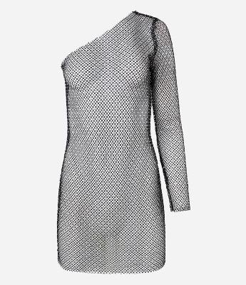 Vestido Ombro Só em Malha Mesh com Fio Metalizado