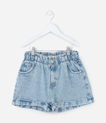 Short Clochard Infantil em Jeans com Aplicação de Brilhos - Tam 5 a 14 Anos
