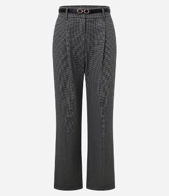 Calça Reta Alfaiatada em Ponto Roma Xadrez com Cinto de PU