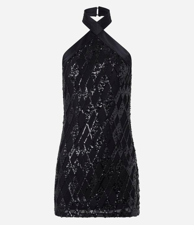 Vestido Curto com Paetês e Gola Halter Cruzada - 1