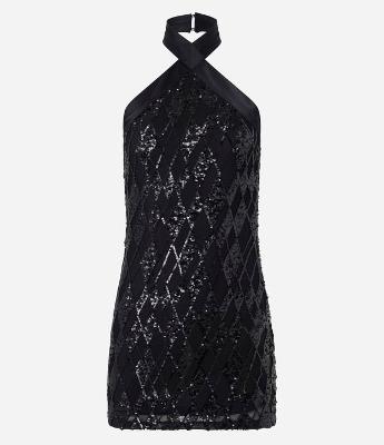 Vestido Curto com Paetês e Gola Halter Cruzada