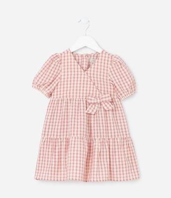 Vestido Infantil com Lacinho e Estampa Xadrez Vichy - Tam 1 a 5 Anos